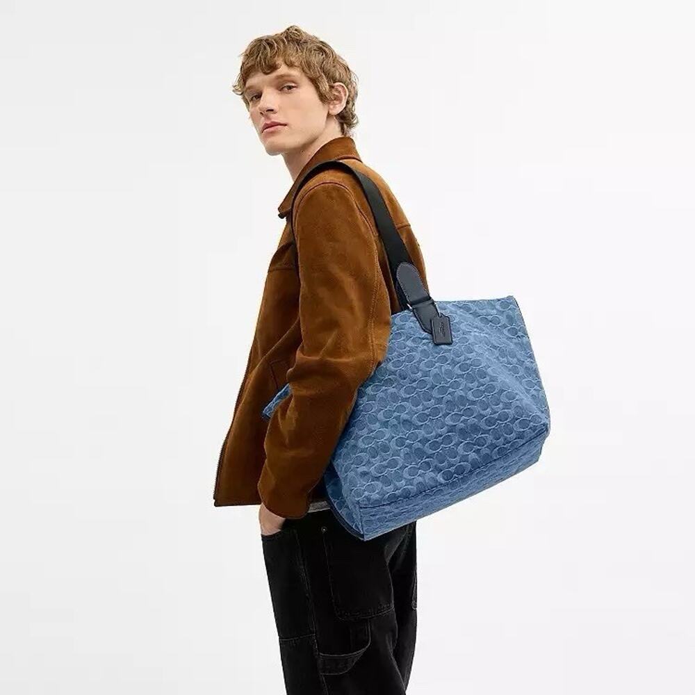 NWT Coach MEN'S Small Tour Tote Bag In Signature Denim CDF24 Silver/Denim - Picture 10 of 13